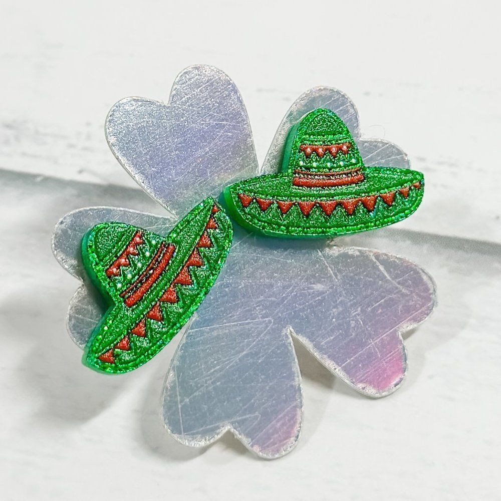 Acrylic Green sombrero Studs, st patricks day, sombrero stud earrings